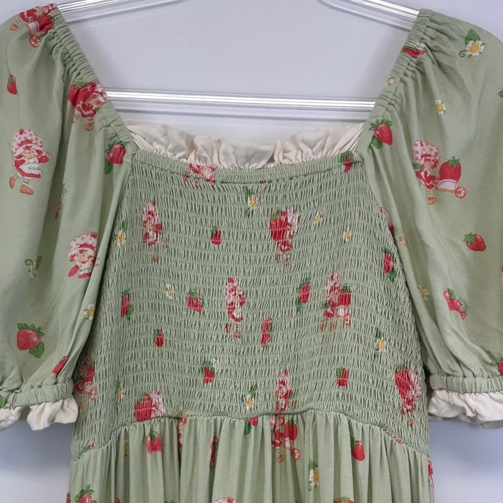 Hot Topic Strawberry Shortcake Sage Green Smocked Cottagecore Midi Dress M